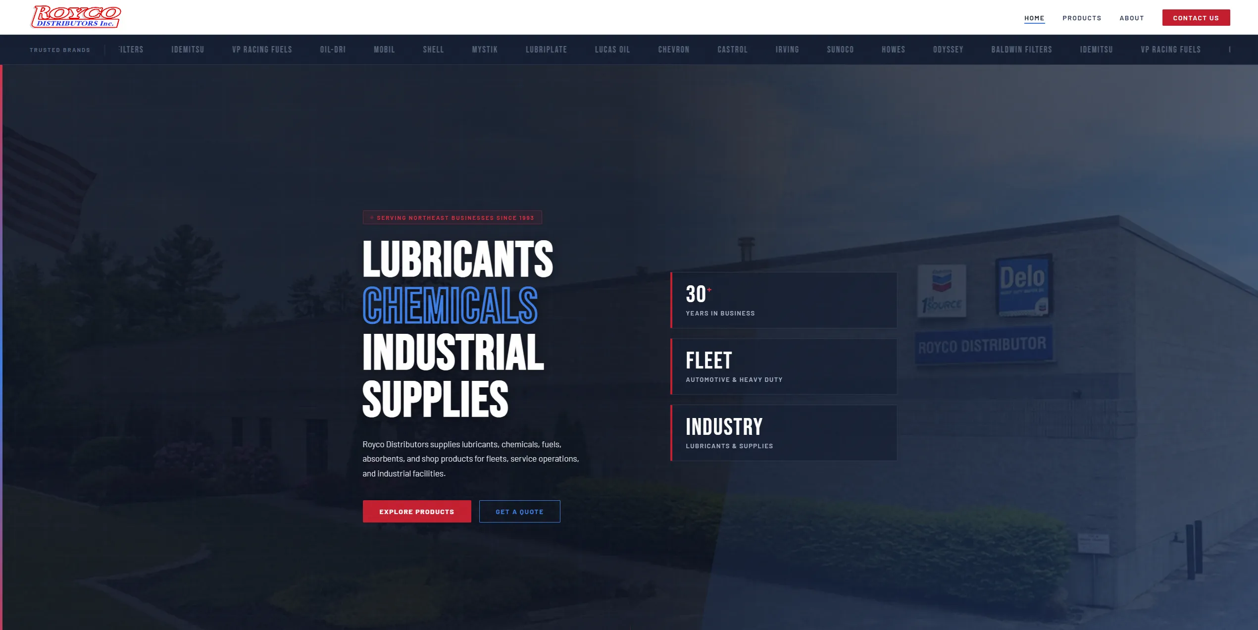 Royco Distributors redesign concept with clearer product categories, company history, and quote actions